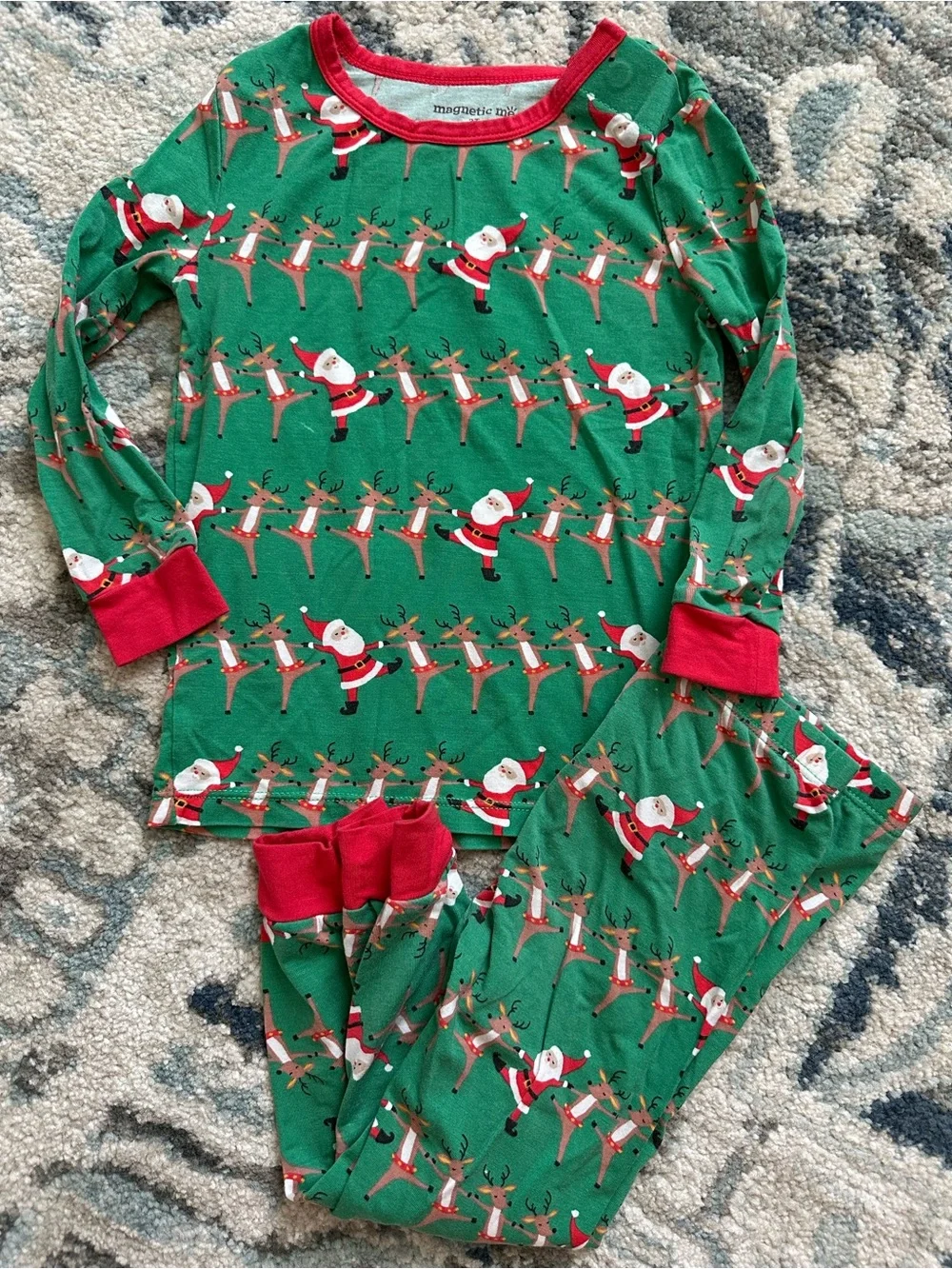 Magnetic Me Green Santa & Reindeer Pajama Set with Red Trim
